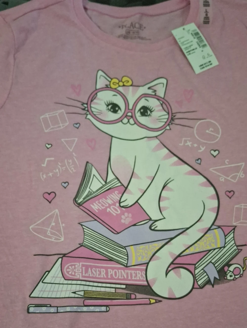The Children's Place Pink Cat Tee with Yellow Bow Size Large 10/12